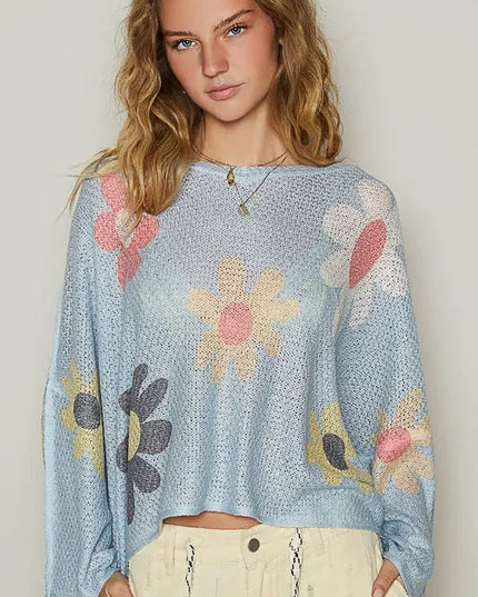 POL Flower Dropped Shoulder Long Sleeve Knit Top - Sleekdenim.com