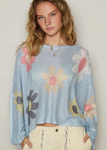 POL Flower Dropped Shoulder Long Sleeve Knit Top - Sleekdenim.com