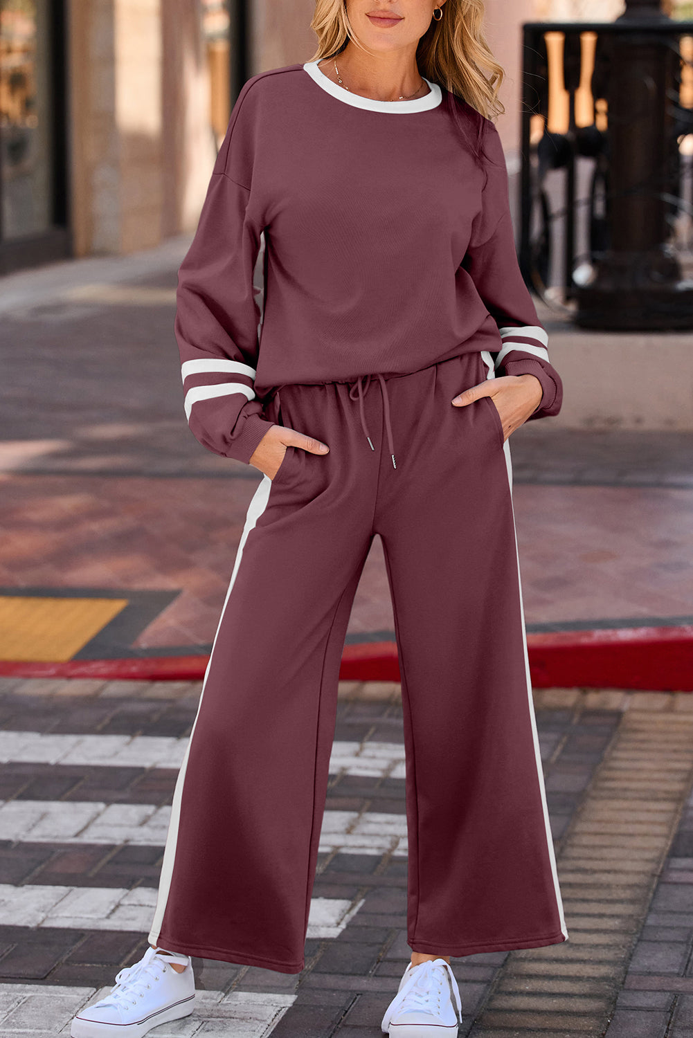 Chestnut Varsity Stripe Patchwork Puff Sleeve Pullover Drawstring Wide Leg Pant Set