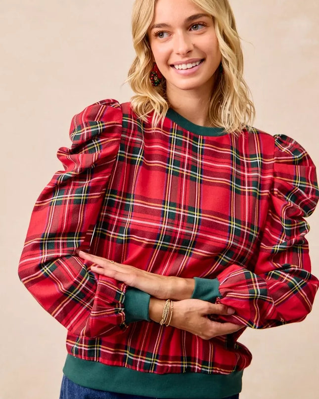 BiBi Christmas Plaid Exaggerated Shoulder Sleeves Top - Sleekdenim.com