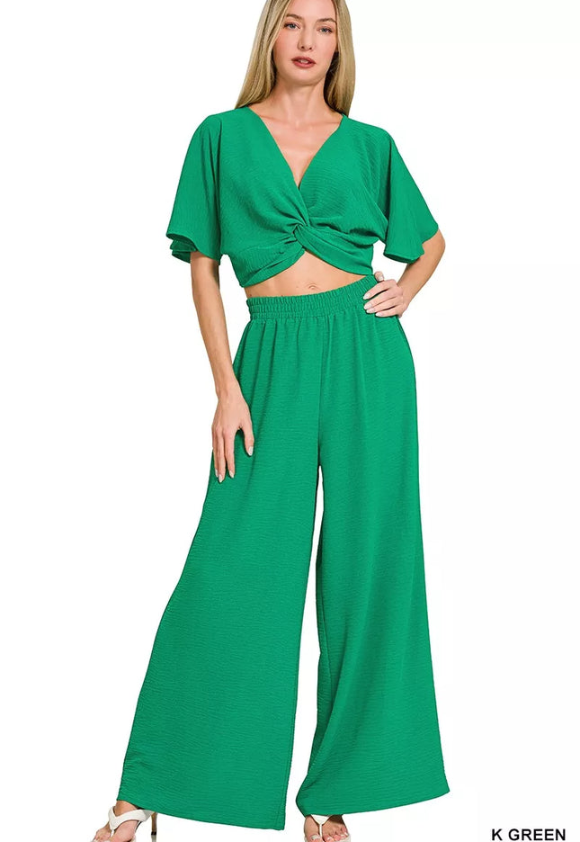 Zenana Woven Airflow Twisted Top & Wide Leg Pants Set - 1