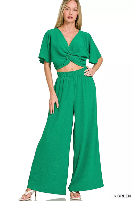 Zenana Woven Airflow Twisted Top & Wide Leg Pants Set - 1