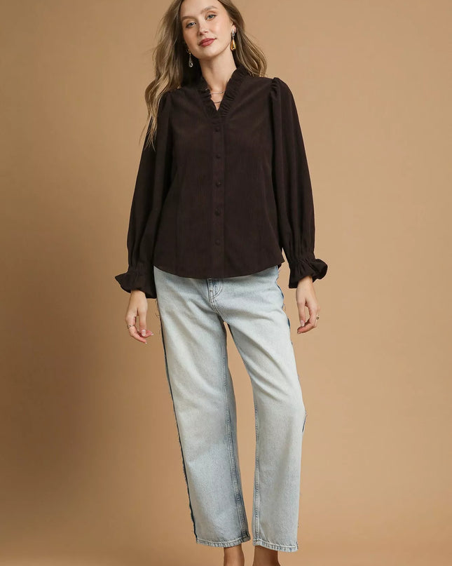 Umgee Corduroy Ruffle Shirt with Long Puff Sleeves - Sleekdenim.com