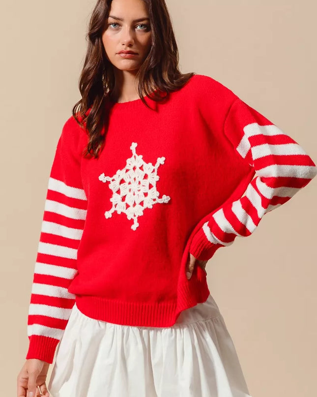 SO ME Christmas Snowflake Crochet Embellished Sweater - Sleekdenim.com
