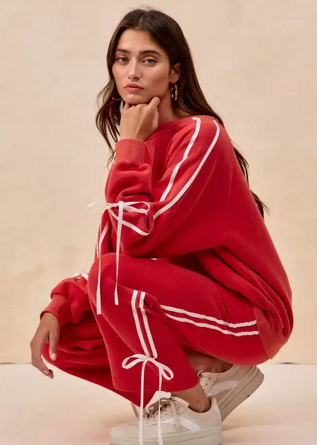 BiBi Side Lined Bow Details Fleece Sweatpants - VALENTINE'S DAY - Sleekdenim.com