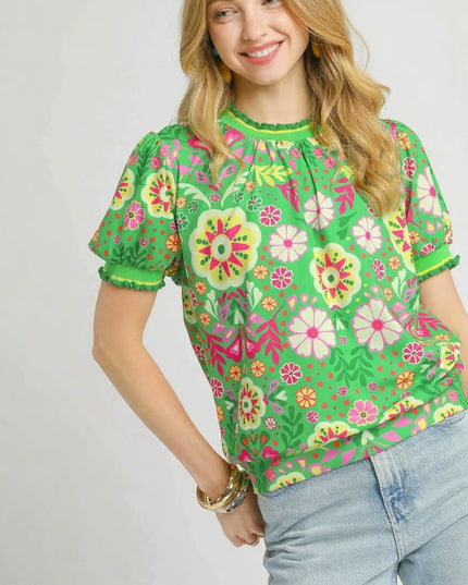 Umgee Retro Floral Puff Sleeve Top - Sleekdenim.com