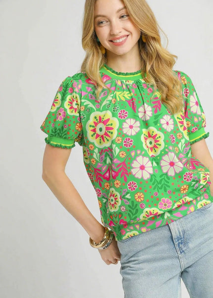 Umgee Retro Floral Puff Sleeve Top - Sleekdenim.com