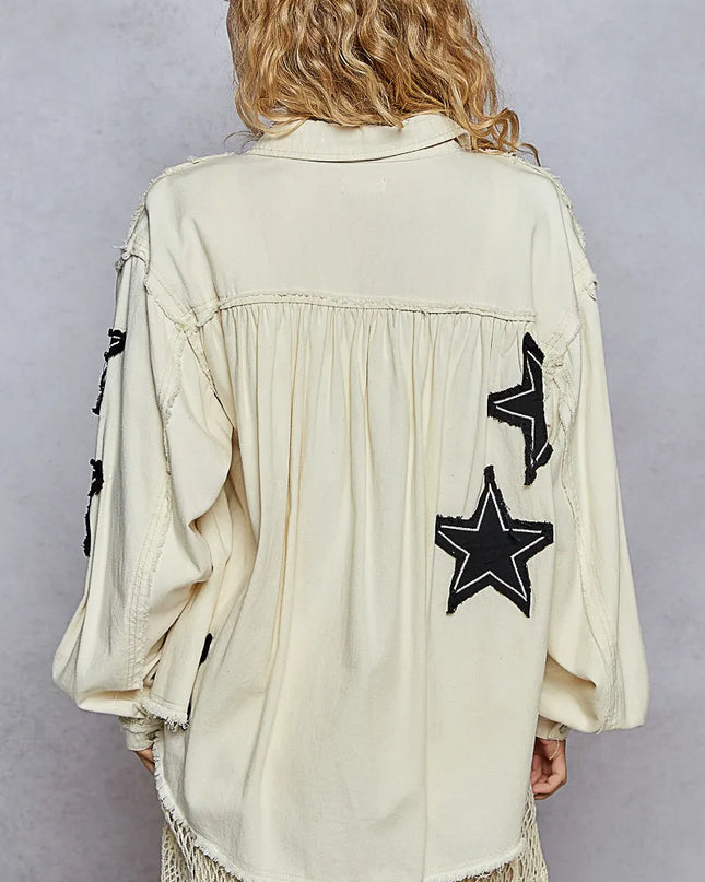 POL Star Patch Raw Hem Button Up Denim Jacket - Sleekdenim.com