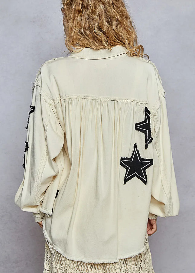 POL Star Patch Raw Hem Button Up Denim Jacket - Sleekdenim.com