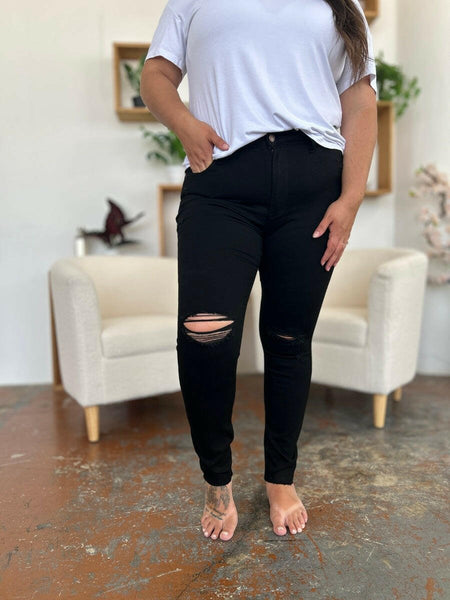 Judy Blue Full Size Distressed Tummy Control High Waist Skinny Jeans | Sleekdenim.com