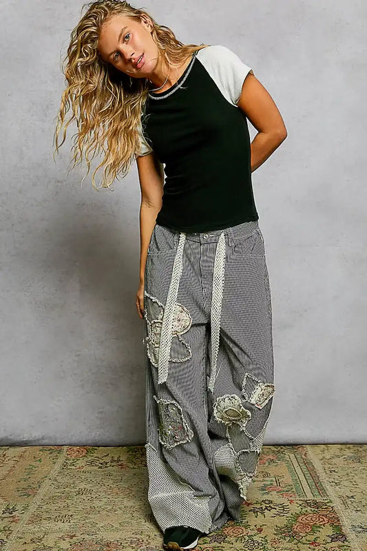 POL Round Neck Outseam Detail T-Shirt with Contrast Color Sleeves - Sleekdenim.com