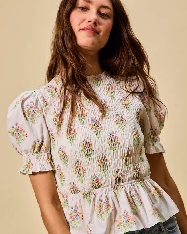 SO ME Floral Cotton Smocked Short Sleeves Blouse - Sleekdenim.com