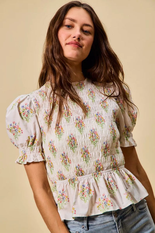 SO ME Floral Cotton Smocked Short Sleeves Blouse - Sleekdenim.com