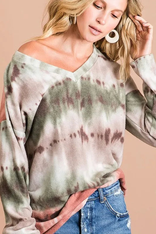 BiBi Brushed Tie Dye Looking Print V Neck Top - Sleekdenim.com