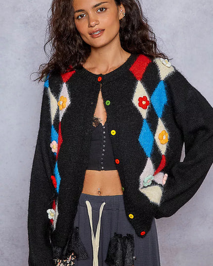 POL Button Down Diamond Pattern Round Neck Cardigan - Sleekdenim.com