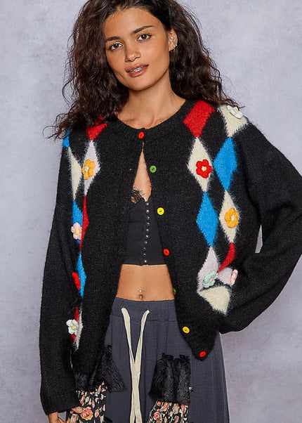 POL Button Down Diamond Pattern Round Neck Cardigan - Sleekdenim.com