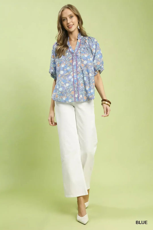 Umgee Smocked Floral Ruffle Trim Top - 4