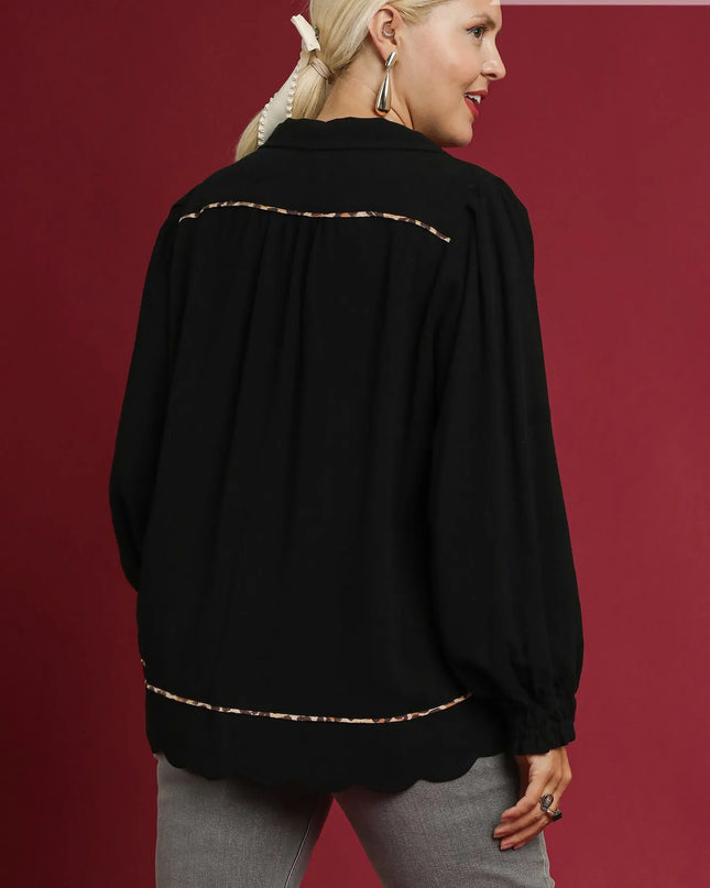 Umgee Full Size Linen Scallop Hem Blouse with Contrast Trim Plus Size - Sleekdenim.com