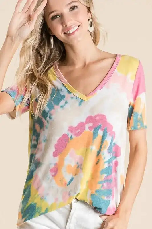 BiBi Circular Tie Dye Print V Neck Top - Sleekdenim.com