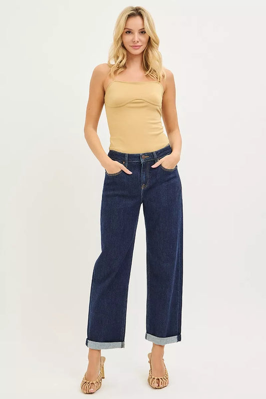 RISEN Slouchy Cropped Mid Rise Boyfriend Jeans With Cuffed Hem in Dark Wash PGC21564