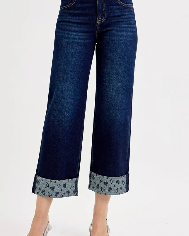 RISEN Full Size Mid Rise Fit Crop Wide With Printed Cuff Jeans Plus Size - Sleekdenim.com