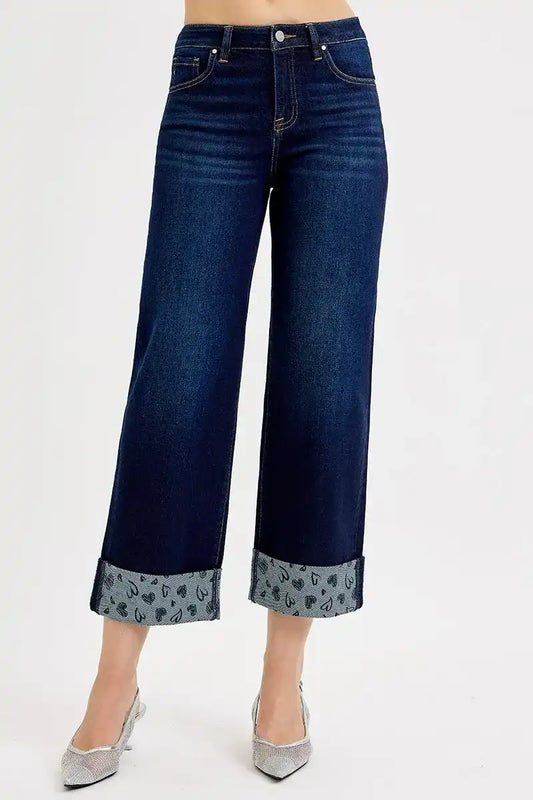 RISEN Mid Rise Fit Crop Wide With Printed Cuff Jeans