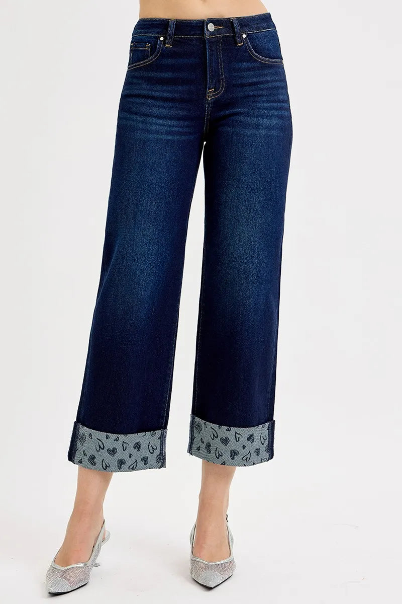 RISEN Full Size Mid Rise Fit Crop Wide With Printed Cuff Jeans Plus Size - Sleekdenim.com