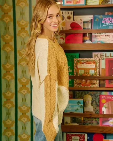 BiBi Cable Knit With Hacci Combo Sweater With Uneven Hem Detail - Sleekdenim.com