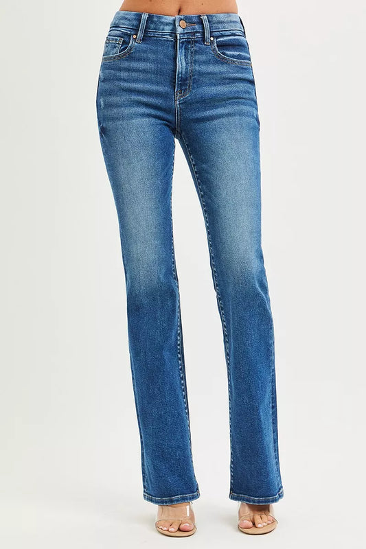 RISEN High Rise Bootcut Jeans With Distressed Details - Sleekdenim.com