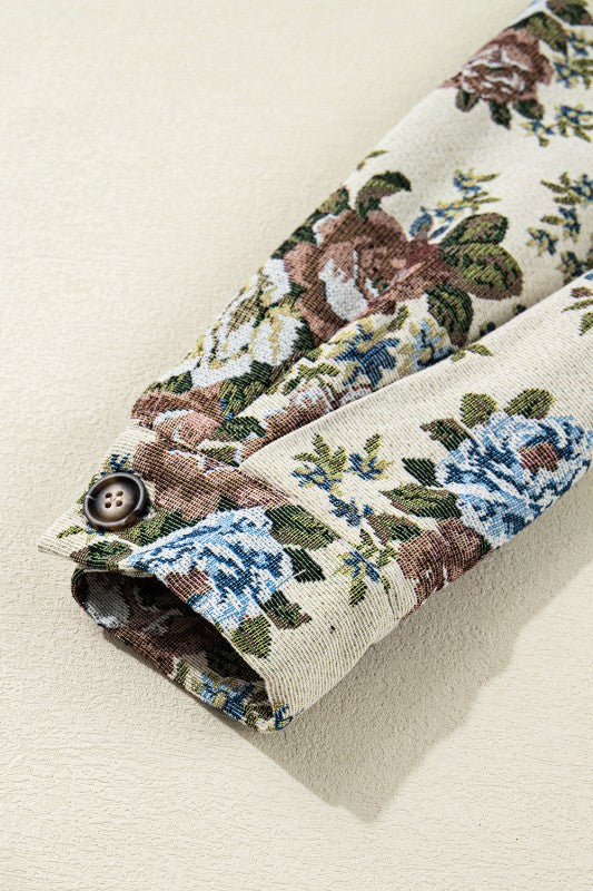 Floral Zip-Up Contrast Collared Jacket - Sleekdenim.com