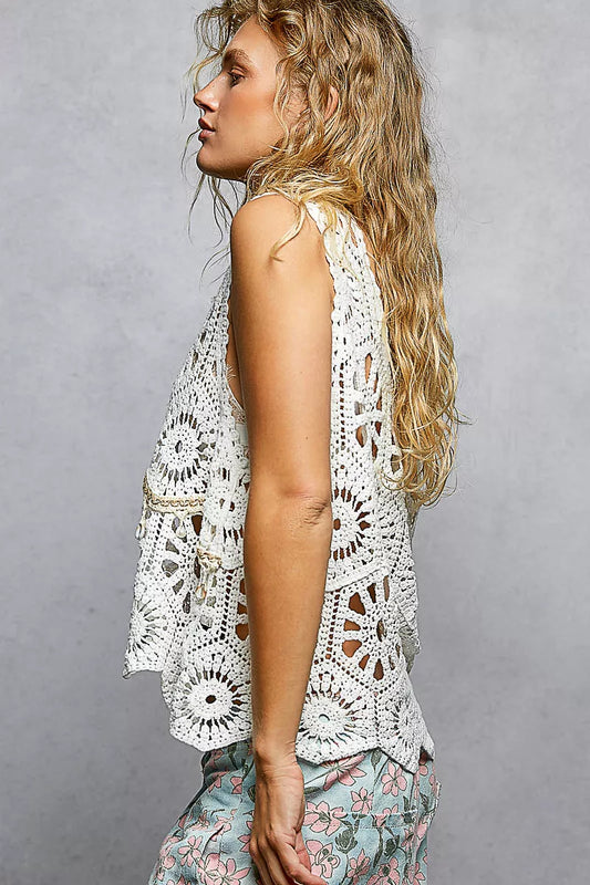 POL Boho Floral Crochet Sweater Vest with Scalloped Edge