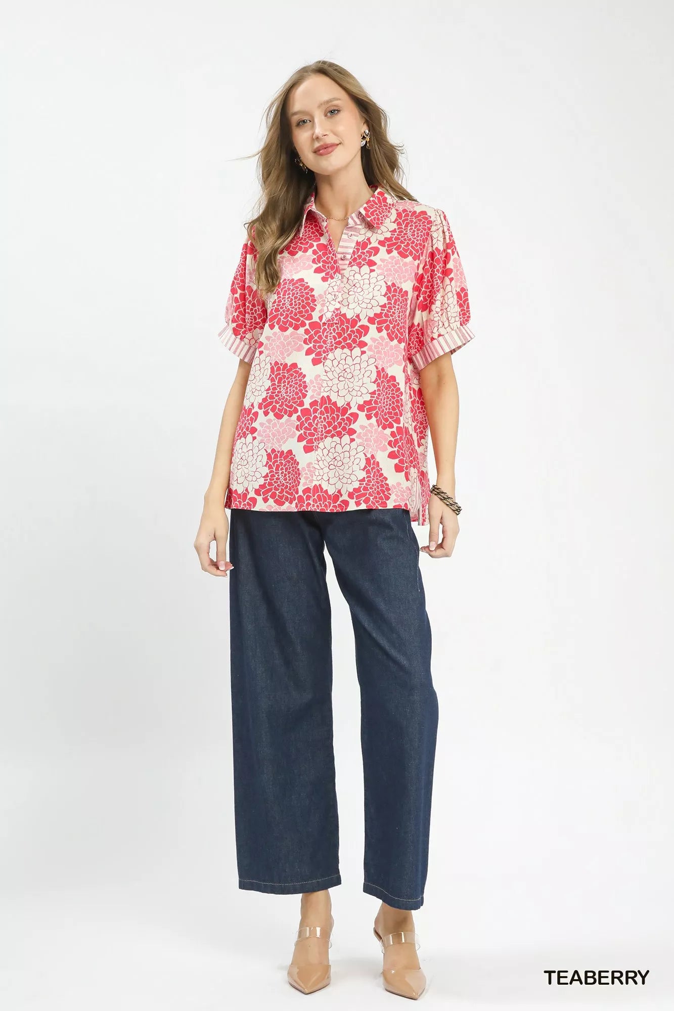 Umgee Floral Collared Short Sleeve Blouse - Image 5
