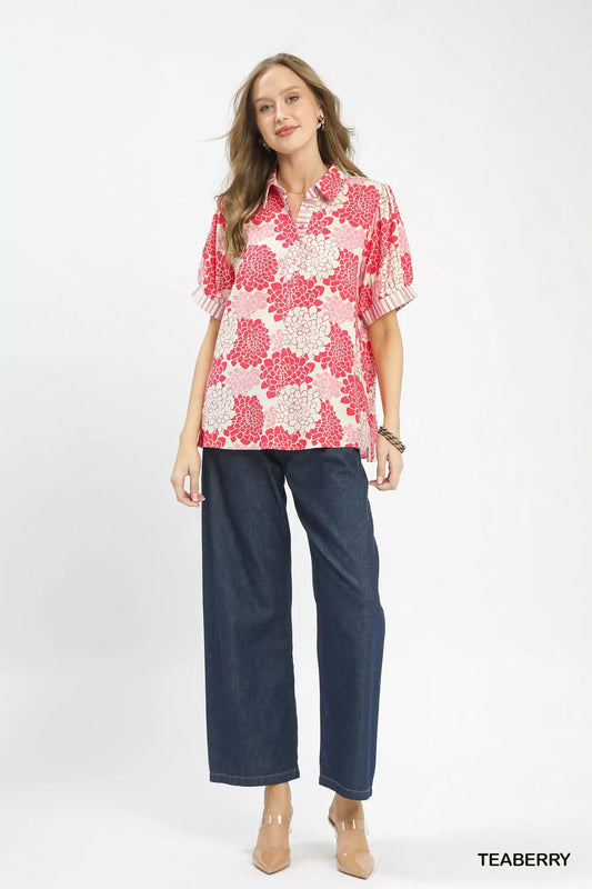 Umgee Floral Collared Short Sleeve Blouse - Image 5