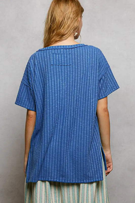 POL Ribbed Knit V-Neck Short Sleeve T-Shirt with Side Slit - Sleekdenim.com
