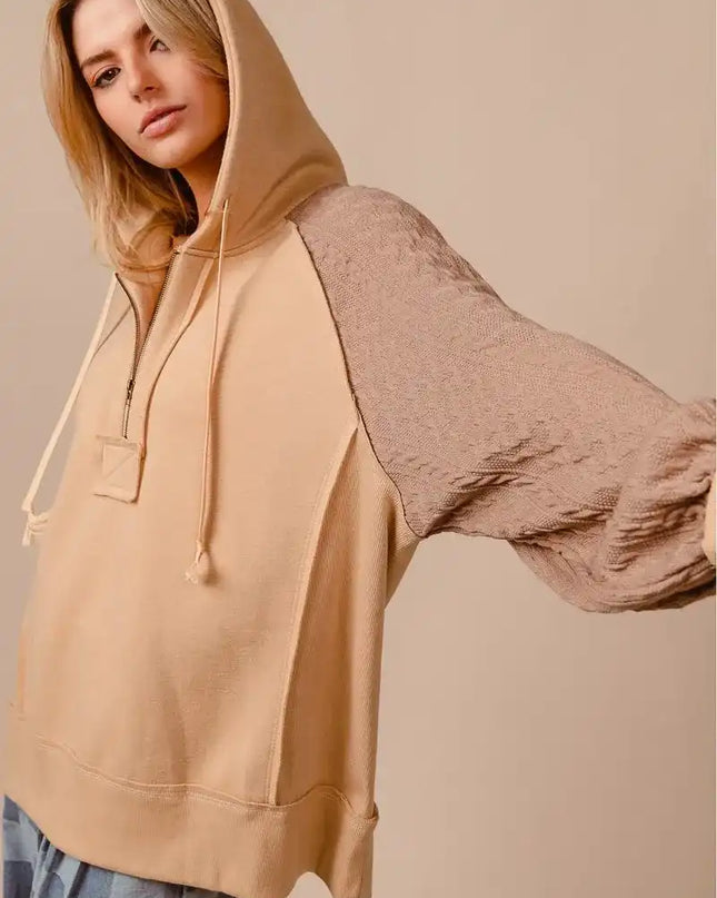 BiBi Half Zip French Terry Hoodie with Kint Sleeves - Sleekdenim.com