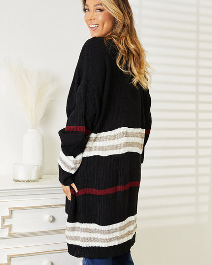 Perfee Striped Rib-Knit Drop Shoulder Open Front Cardigan - Sleekdenim.com