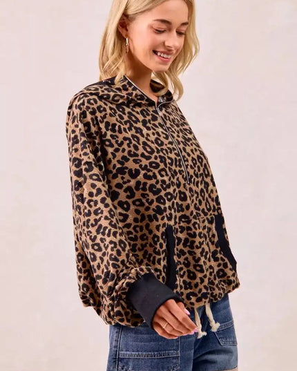 BiBi Leopard Print Waffle Half Zip Up Hoodie W Pocket - Sleekdenim.com