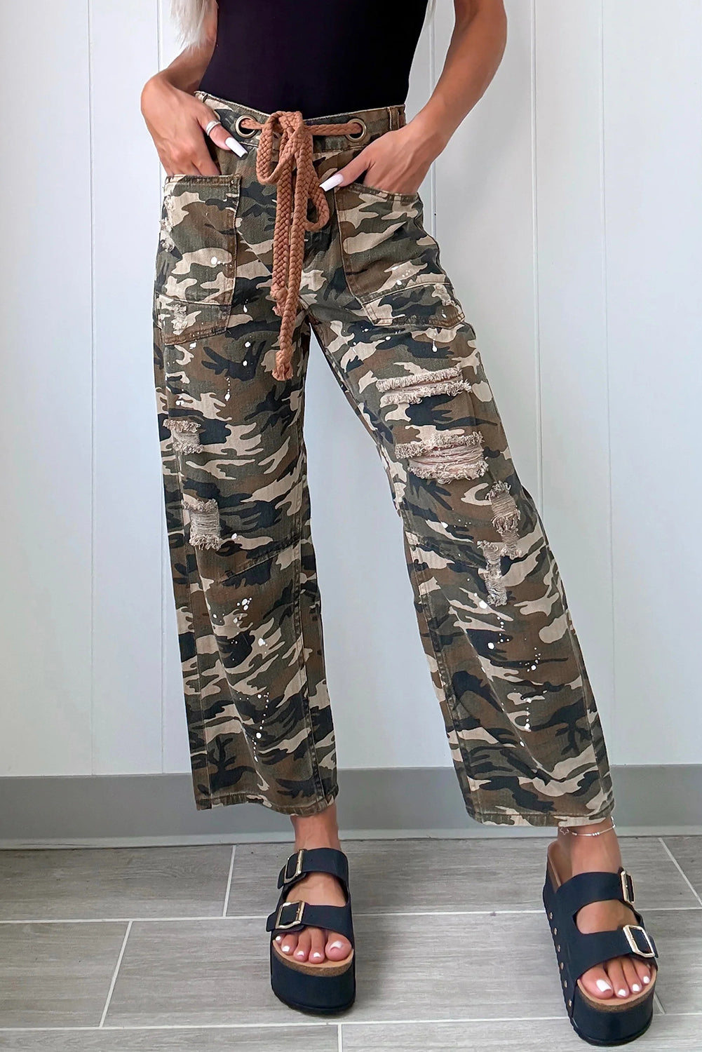Green Camouflage Print Splashed Distressed Loose Denim Pants - Sleekdenim.com