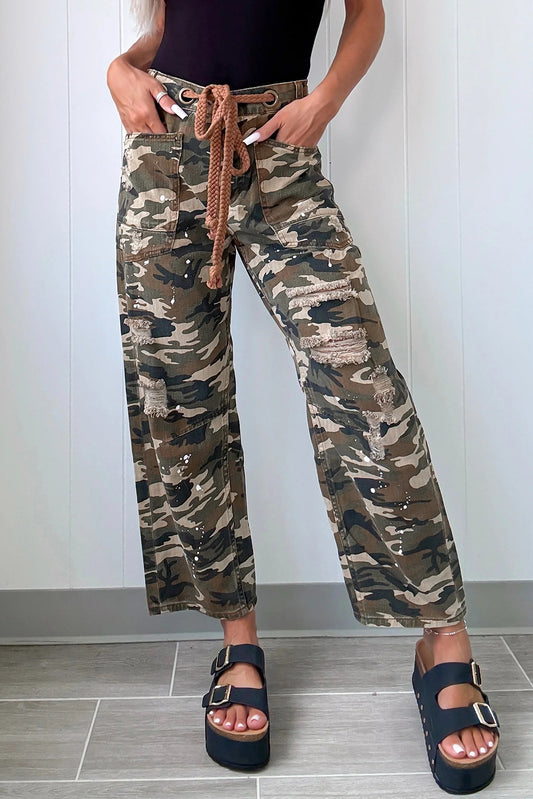 Green Camouflage Print Splashed Distressed Loose Denim Pants - Sleekdenim.com