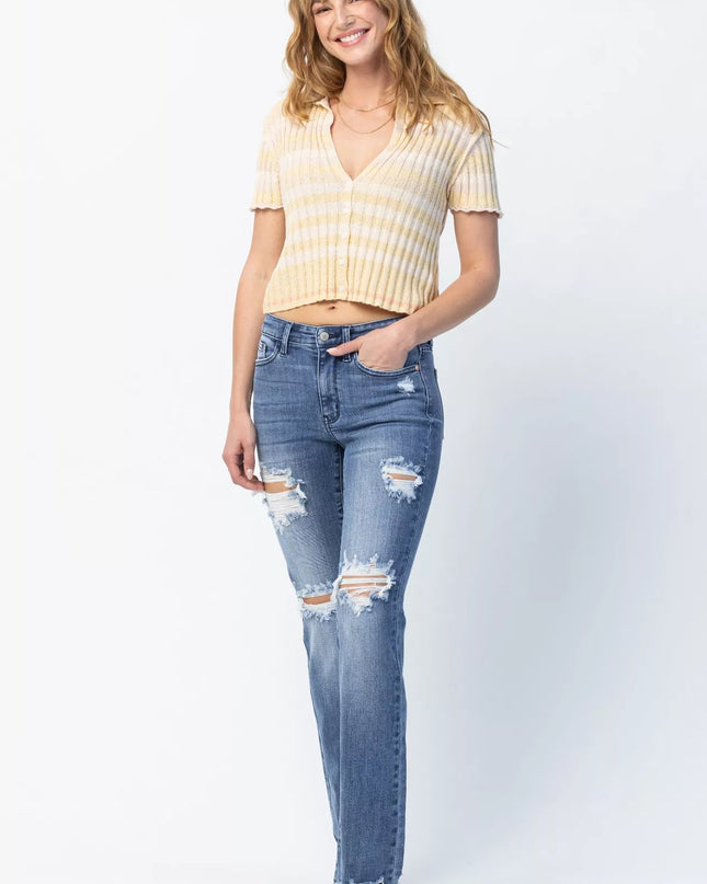 Judy Blue Full Size Mid Rise Destroy Straight Jeans Plus Size - Sleekdenim.com
