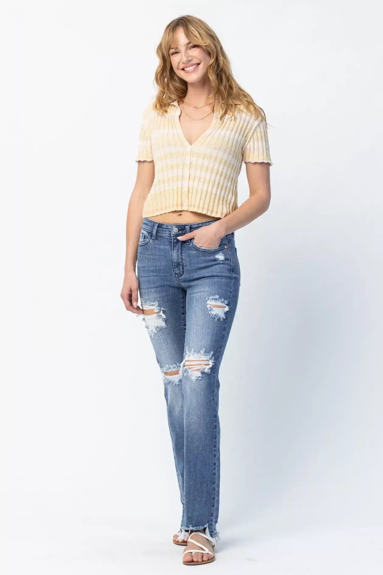 Judy Blue Mid Rise Destroy Straight Jeans 82425 - Sleekdenim.com