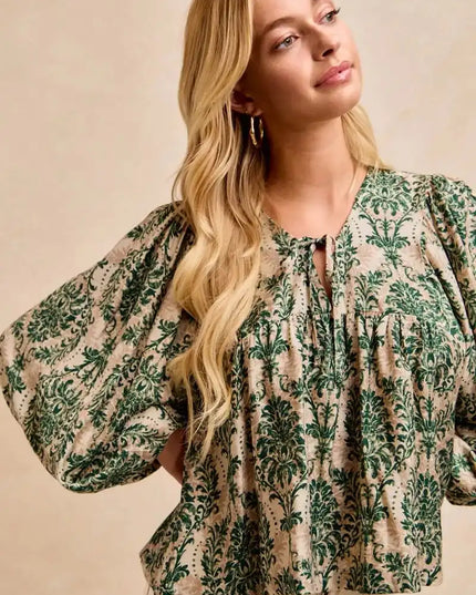 BiBi Printed Woven Front Tied Blouse with Baloon Sleeve - Sleekdenim.com