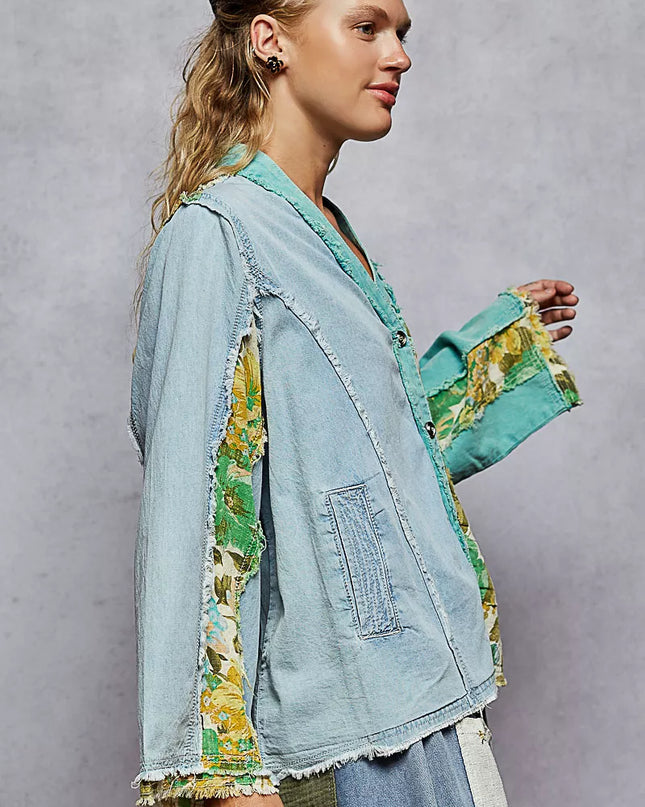 POL Button Down Floral V-Neck Long Sleeve Raw Hem Top - Sleekdenim.com