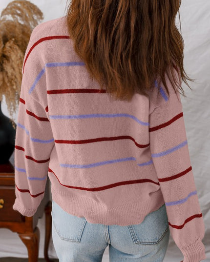 Stripe Ribbed Trim Drop Shoulder Sweater - Sleekdenim.com