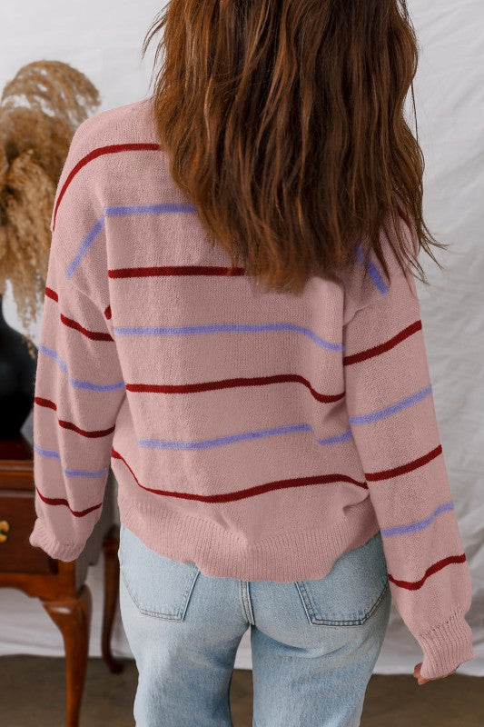 Stripe Ribbed Trim Drop Shoulder Sweater - Sleekdenim.com