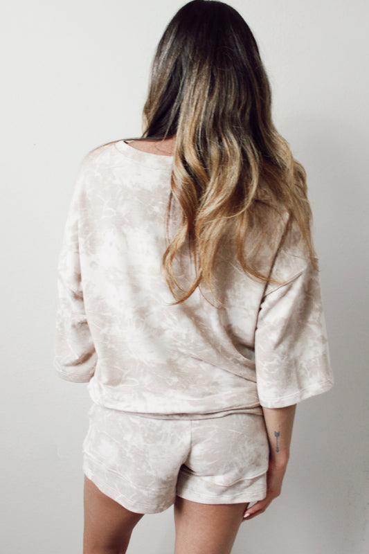 Beige Vintage Tie Dye Bracelet Sleeve Drawstring Elastic Waist 2pcs Short Set - Sleekdenim.com