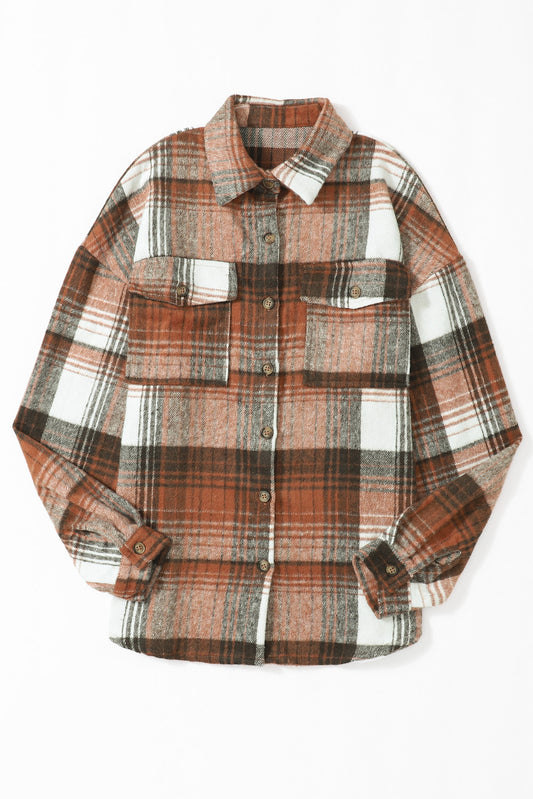 Gold Flame & Grey Plaid Button Up Collared Flannel Shacket - Sleekdenim.com