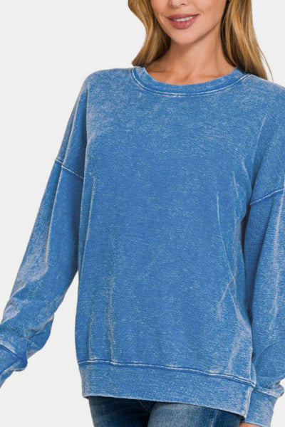 Zenana Washed Round Neck Dropped Shoulder Sweatshirt