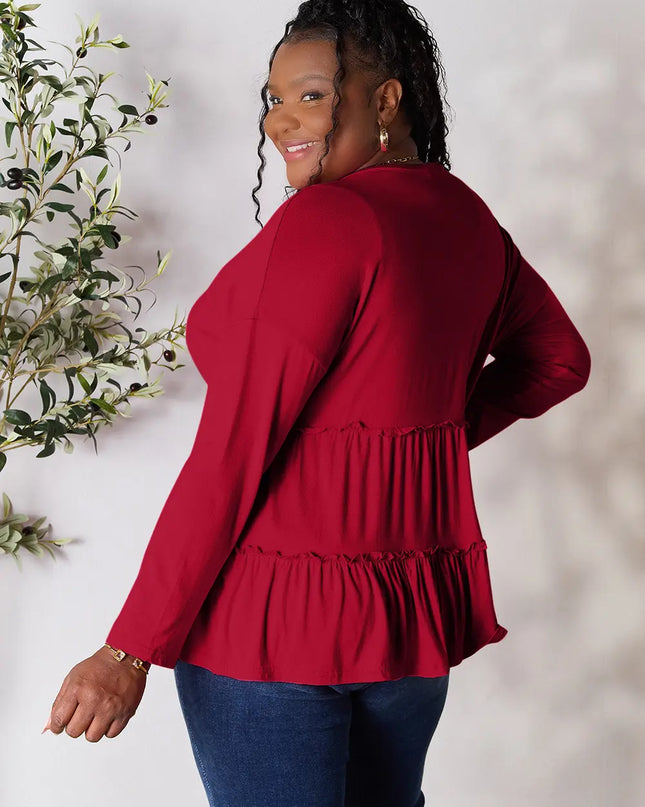 Double Take Half Button Long Sleeve Ruffle Hem Blouse - Sleekdenim.com