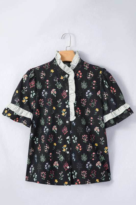 Black Contrast Frilled Trim Short Sleeve Floral Shirt - 4